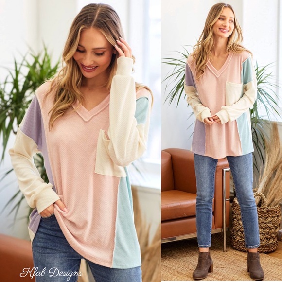 LAST 1! V Neck Pastel Palette Textured Soft Hacci Color Block Top! - Picture 9 of 9